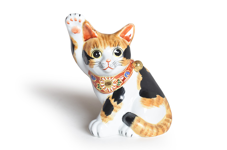 九谷焼 4号招猫 毛長三毛（両手上げ）