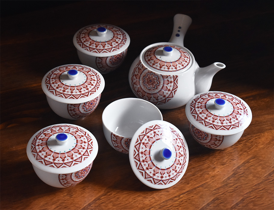 九谷焼 急須 蓋付茶器5客セット 赤絵丸紋【アウトレット