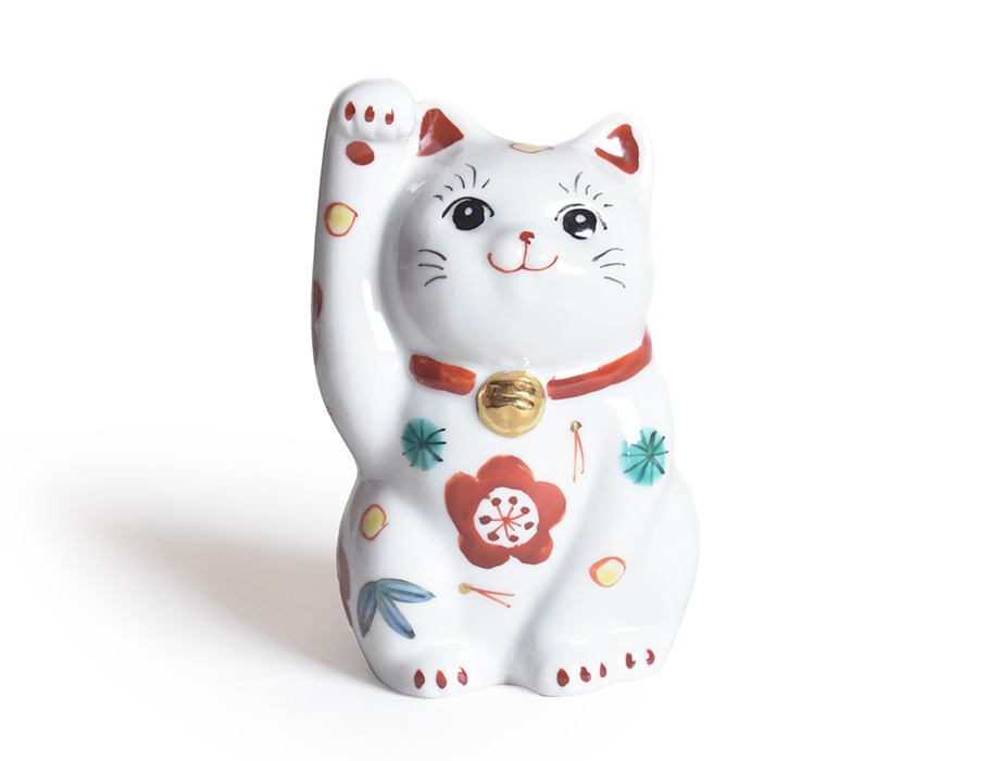 九谷焼 招き猫 置物 松竹梅（右手・高 約11.5cm）【アウトレット