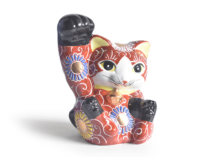 九谷焼 招き猫 置物 赤盛（右手・高 約13.5cm）【アウトレット
