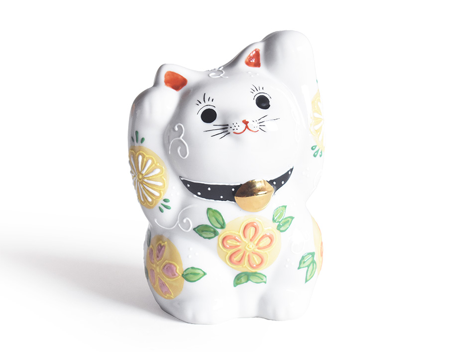 九谷焼 両手招き猫 置物 花はな盛