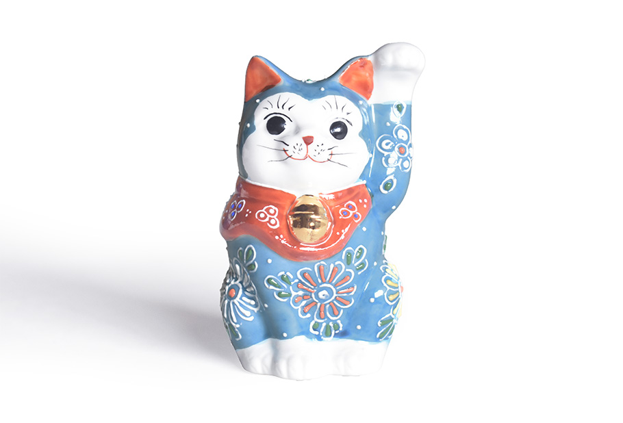 九谷焼 招き猫 置物 淡青盛