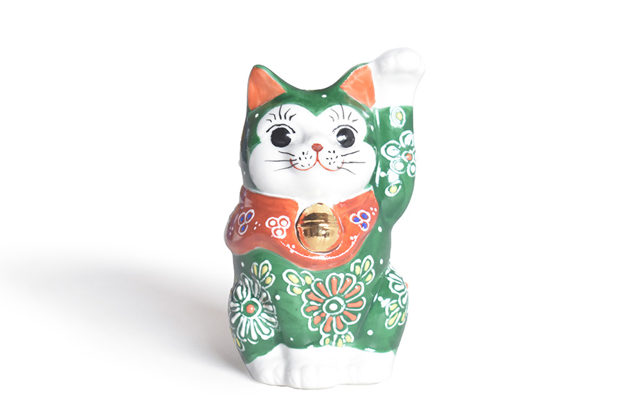 九谷焼 招き猫 置物 緑盛